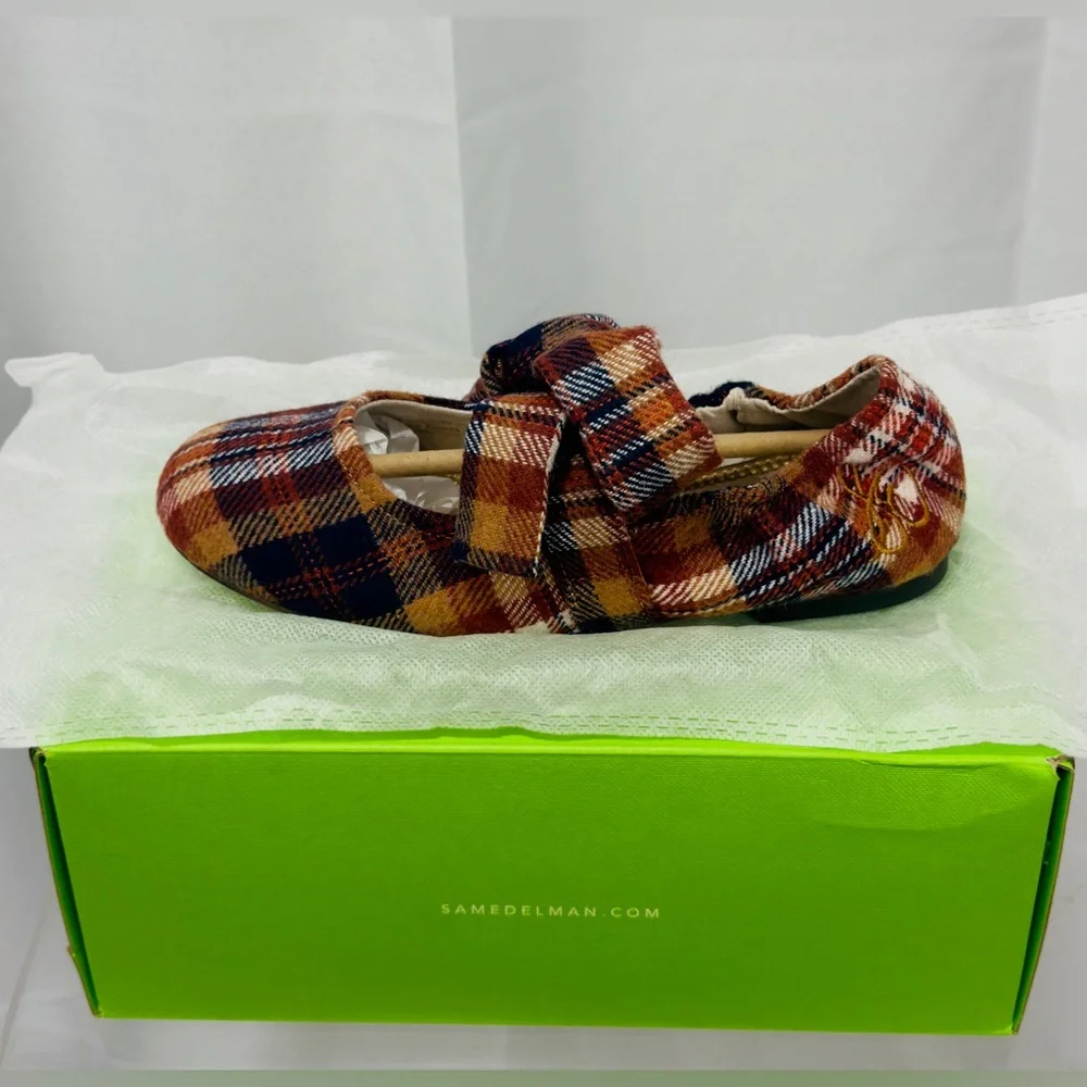Sam Edelman Felicity Little Kid 3 Rust Plaid Multicolored Ballet Flats & Bow NWT